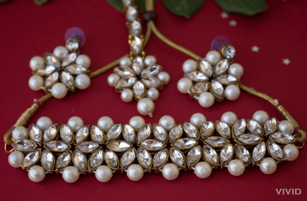 stone pearl silver choker set