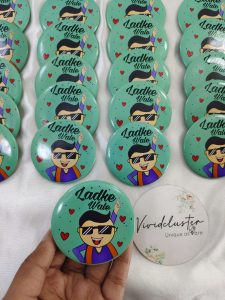 a cartoon figure in sunglasses and traditional clothing, captioned "Ladke Wale brooches they are a fun and stylish accessory for groom's side members. Great for baraat day,