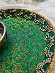 Mehndi ceremony platter featuring golden lace, pearls, and vibrant yellow floral décor for holding Haldi ceremony essentials, it is a charming choice for Haldi, Mehndi, or Nikah ceremonies, offering a beautiful wedding favor that enhances the beauty and meaning of your special moments.