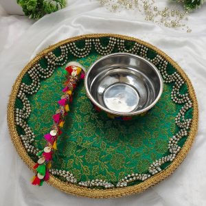 mehndi Haldi ceremony platter with intricate lacework, pearl accents, and bright yellow flowers for Haldi, Mehndi, or Nikah ceremonies, it adds a touch of sophistication to your wedding rituals and serves as a delightful wedding favor