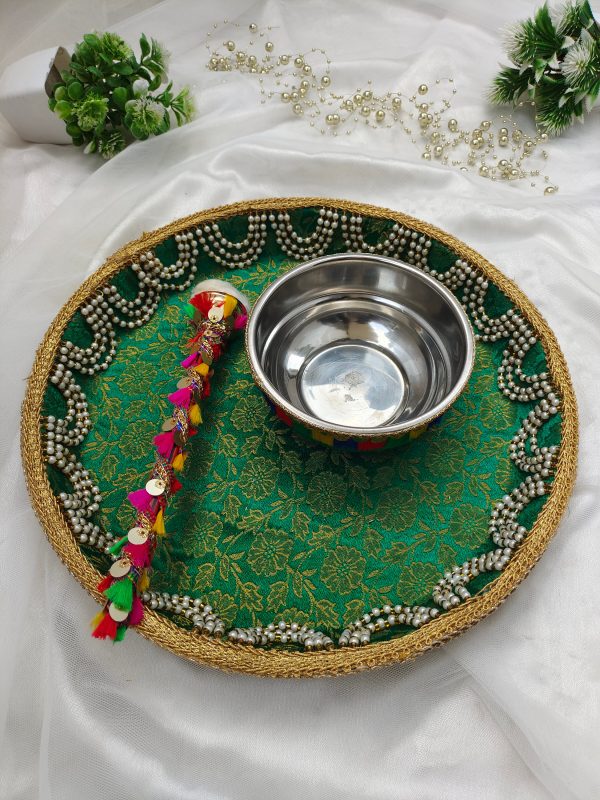 mehndi Haldi ceremony platter with intricate lacework, pearl accents, and bright yellow flowers for Haldi, Mehndi, or Nikah ceremonies, it adds a touch of sophistication to your wedding rituals and serves as a delightful wedding favor