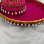 Red and gold Chura bangle ceremony platter with white bead accents, featuring a smaller matching lidded container, perfect for weddings and Nikah ceremonies.