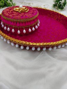 Red and gold Chura bangle ceremony platter with white bead accents, featuring a smaller matching lidded container, perfect for weddings and Nikah ceremonies.