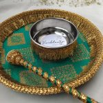 mehndi platter with intricate detailing and a matching brush, adorned with gold lace, perfect for bridal mehndi ceremonies serves as the perfect accessory for your Mehndi rituals.
