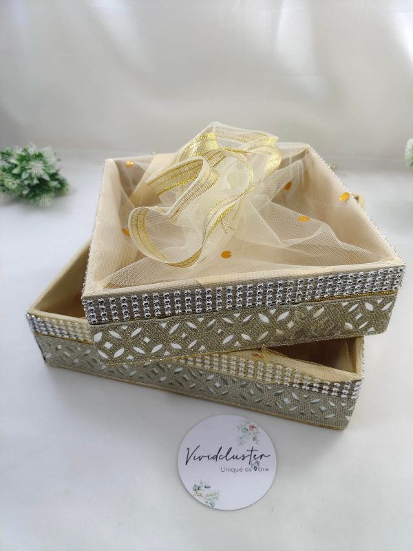 handcrafted shagun tray designed for sangeet and engagement ceremonies. Made from durable MDF and net, this marriage tray is ideal for return gifts