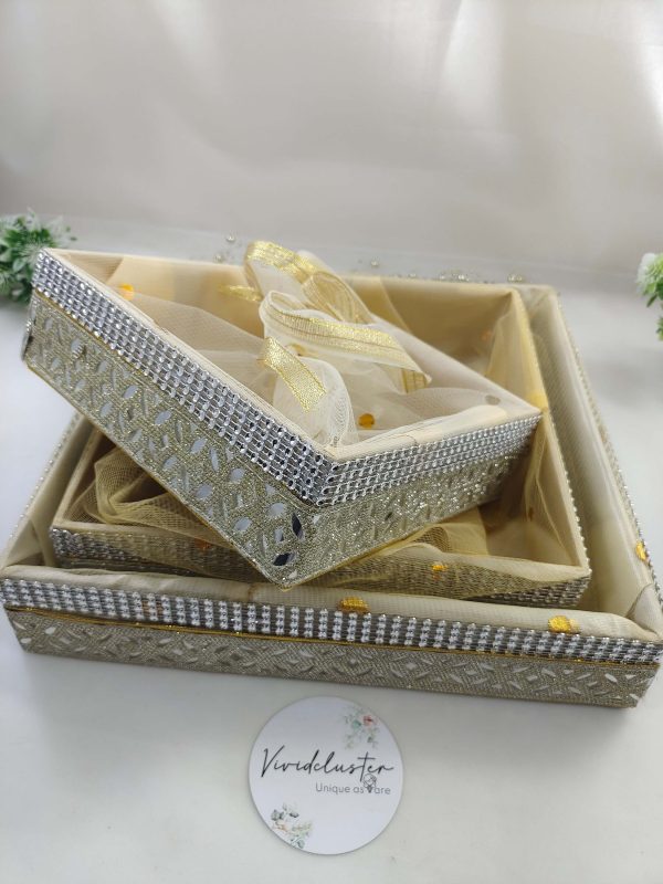 Handcrafted shagun tray made of high-quality MDF and net for sangeet, engagement, and return gifts. wedding return gift presentations, guest giveaways, and baby showers