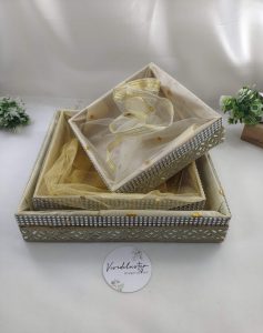 MDF shagun tray with net detailing, perfect for sangeet, engagement, and return gifts. Use this tray for guest giveaways, baby showers
