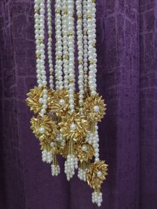 Gota Pearl Welcome Milni Mala with shimmering pearls and traditional gota work for baaratis