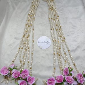 A set of intricate milni malas with pearls and pink roses, perfect for weddings, serving as guest malas, wedding favors, and decorative accessories for nikah ceremonies