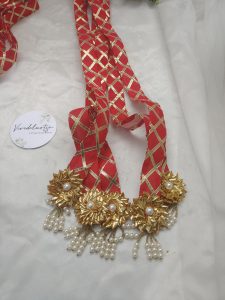Red and gold Dupatta style Milni Mala with intricate pearl and flower decorations, perfect for nikah ceremony, wedding favor, and baaratis mala