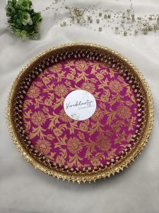 bangle ceremony platter in vibrant pink with intricate gold floral patterns and delicate pearl detailing Perfect for showcasing bangles during wedding rituals or presenting elegant favors
