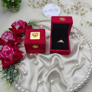Bridal Ring Ceremony Platter jewelry setup featuring a gold ring in a red velvet box on a pearl-adorned satin cloth, ideal for wedding gift presentations perfect for a wedding Ring Ceremony preparation