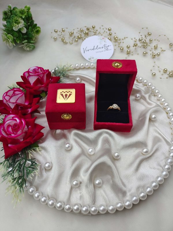 Bridal Ring Ceremony Platter jewelry setup featuring a gold ring in a red velvet box on a pearl-adorned satin cloth, ideal for wedding gift presentations perfect for a wedding Ring Ceremony preparation