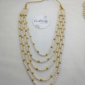 Multi-layered Welcome Milni Mala with gold and white pearls, perfect for traditional ceremonies