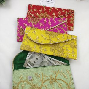 Handcrafted embroidery envelope set in striking colors, ideal for shagun giveaway gifts, wedding favors, bridal shower, and baby shower