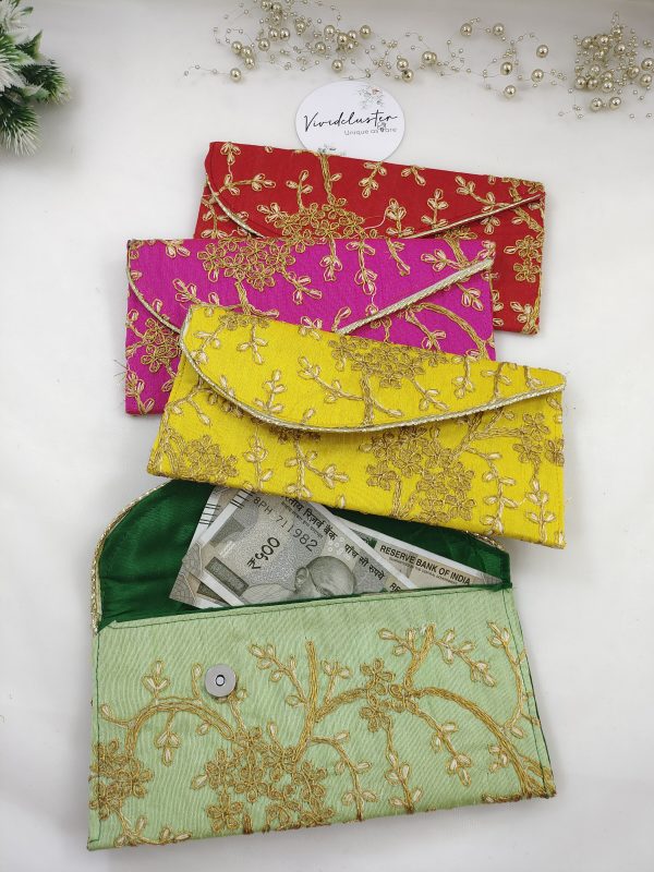 Handcrafted embroidery envelope set in striking colors, ideal for shagun giveaway gifts, wedding favors, bridal shower, and baby shower