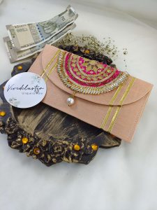 Decorative Gota Shagun Lifafa multicolor envelope with golden gota embroidery, ideal for wedding favors and cash gifts.