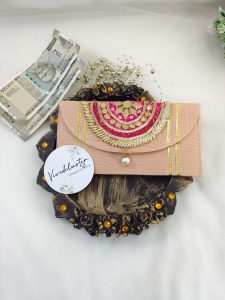 Handcrafted gota envelopes in vibrant pink and orange hues, perfect for nikah ceremony envelope, wedding favor, shagun giveaway gift, and shagun lifafa, adorned with delicate golden trim