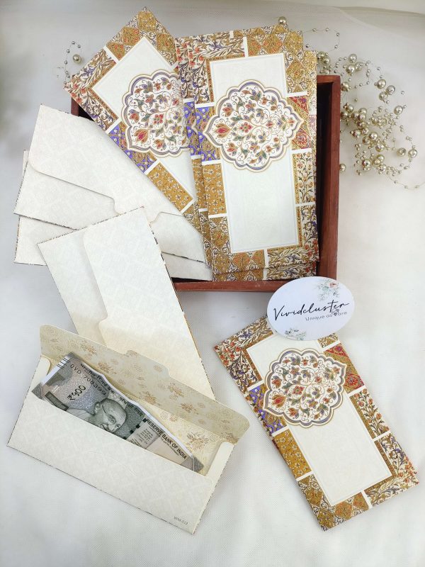 Set of vibrant printed shagun cash envelopes in various colors, perfect for presenting monetary gifts at weddings and special ceremonies