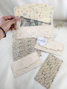 Decorative printed shagun cash envelopes with pearl accents, suitable for shagun ceremonies and wedding gifts