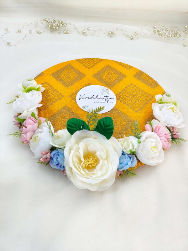 Charming floral Haldi platter with yellow accents, adding a festive touch to bridal showers and traditional wedding ceremonies wedding rituals