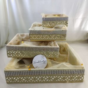 handcrafted shagun tray made from high-quality MDF and net, perfect for Haldi, Mehendi, and Sangeet ceremonies. This marriage tray is ideal for return gifts and engagement giveaways, adding a touch of sophistication to any occasion
