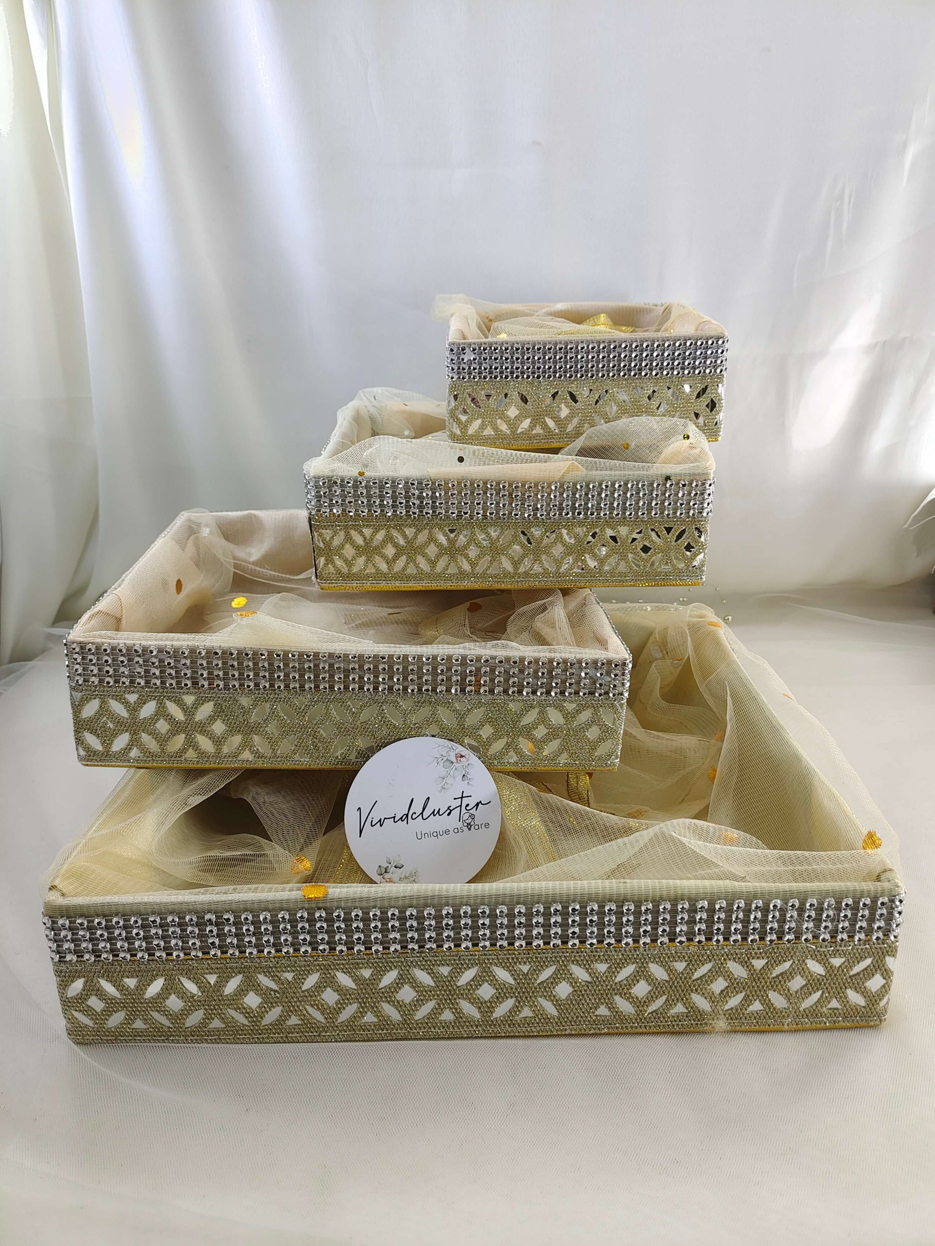 handcrafted shagun tray made from high-quality MDF and net, perfect for Haldi, Mehendi, and Sangeet ceremonies. This marriage tray is ideal for return gifts and engagement giveaways, adding a touch of sophistication to any occasion