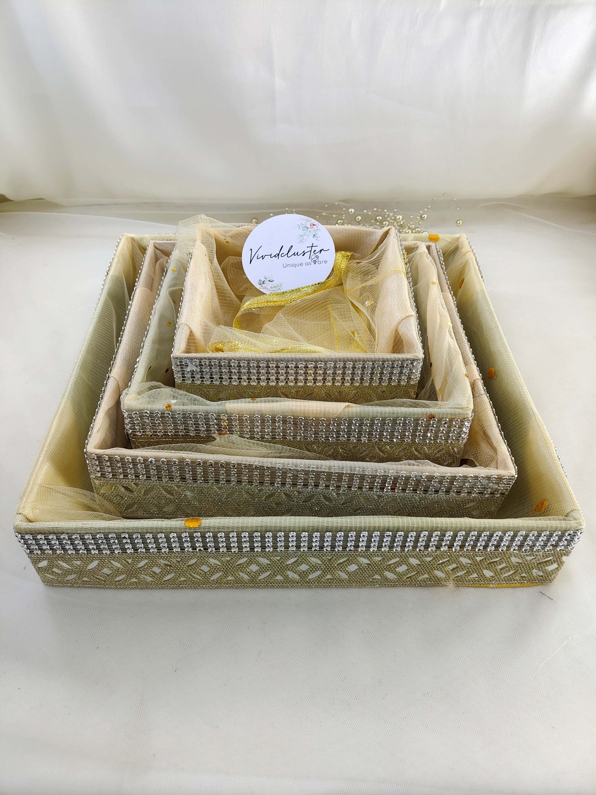 handcrafted shagun tray made from top-quality MDF and net, ideal for Haldi, Sangeet, and engagement return gifts for wedding and mehendi ceremonies, ensuring your gifts stand out