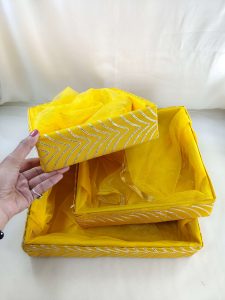 Handcrafted shagun tray made from high-quality MDF with net attachment. Ideal for return gifts, guest giveaways, and baby showers. ngagement ceremonies, and various celebrations. Perfect for creating memorable moments