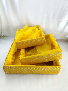 yellow shagun tray handcrafted from premium MDF and net. Perfect for use as return gifts or guest giveaways at sangeet, engagement, and baby shower events
