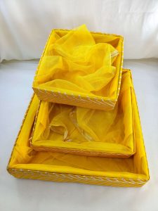 handcrafted shagun tray crafted from high-quality MDF with delicate net accents. Ideal for return gifts and guest giveaways at sangeet, engagement ceremonies, and baby showers