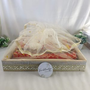 Beautifully handcrafted shagun tray made from MDF and net, ideal for sangeet, engagement, and return gifts. Perfect for guest giveaways, baby showers, and marriage celebrations