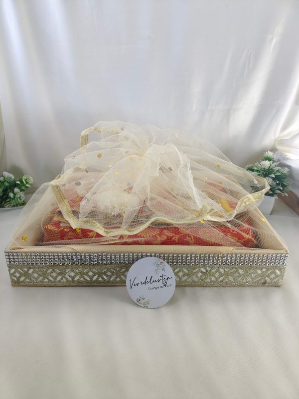 Beautifully handcrafted shagun tray made from MDF and net, ideal for sangeet, engagement, and return gifts. Perfect for guest giveaways, baby showers, and marriage celebrations