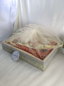 Elegant handcrafted MDF and net shagun tray, perfect for sangeet, engagement, and return gifts. Enhance your guest giveaways and baby showers with this stylish marriage tray