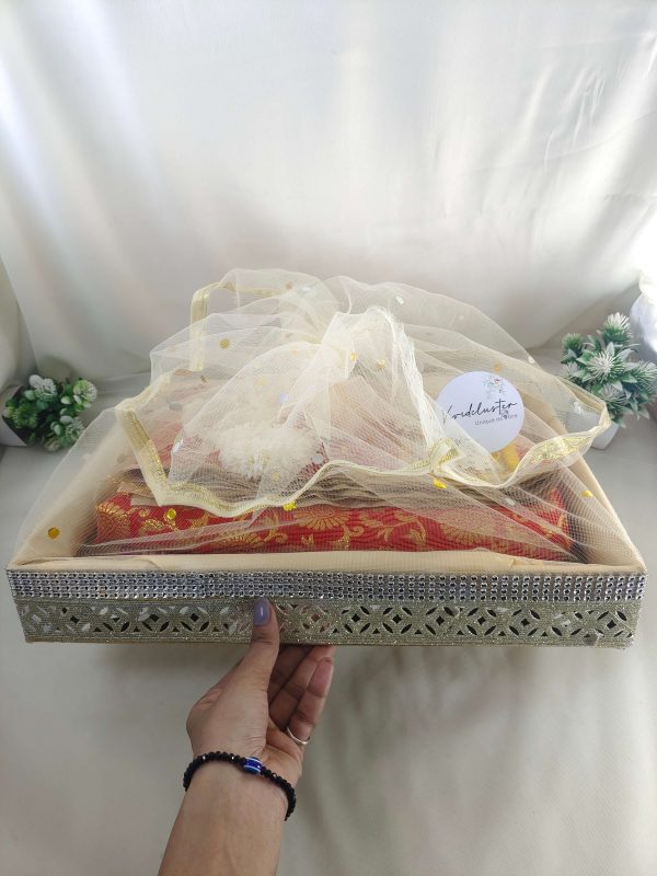 Handcrafted shagun tray made from premium MDF and net, ideal for sangeet and engagement return gifts. Use this tray for guest giveaways