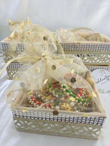 handcrafted shagun tray made from high-quality MDF and net. this tray is also perfect for guest giveaways and baby shower presentations