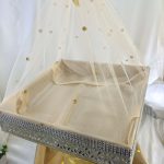 Exquisite handcrafted shagun tray designed for sangeet and engagement ceremonies. Made from durable MDF and net, this marriage tray is ideal for return gift