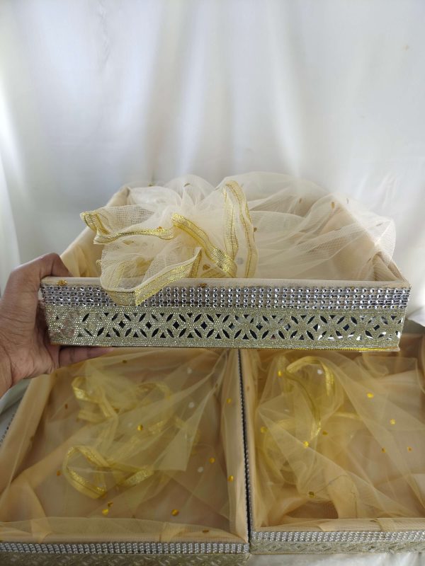 shagun tray crafted from high-quality MDF and net. Ideal for sangeet, engagement, and return gifts, this tray enhances guest giveaways