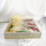 MDF shagun tray with net detailing, perfect for sangeet, engagement, and return gifts. Use this tray for guest giveaways