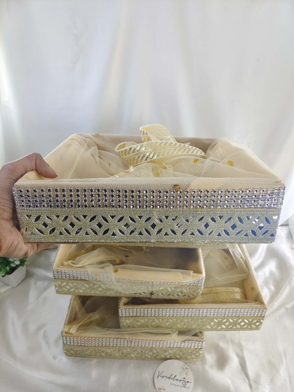 Sophisticated handcrafted shagun tray made from high-quality MDF and net, perfect for sangeet, engagement, and return gifts. Enhance guest giveaways