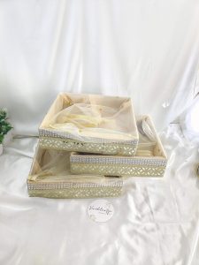 Handcrafted MDF shagun tray with net detailing, perfect for sangeet, engagement, and return gifts. Use this tray for guest giveaways, baby showers,
