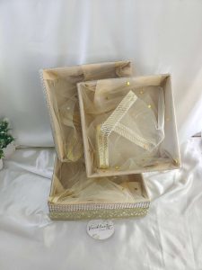Sophisticated handcrafted shagun tray made from MDF and net, designed for sangeet and engagement return gifts. Perfect for guest giveaways,