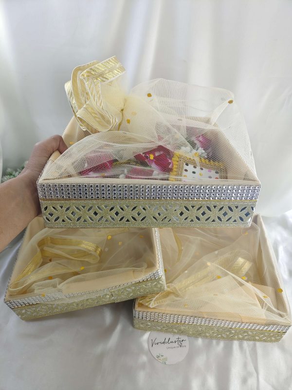 Beautiful handcrafted shagun tray made from premium MDF and net, ideal for sangeet, engagement, and return gifts