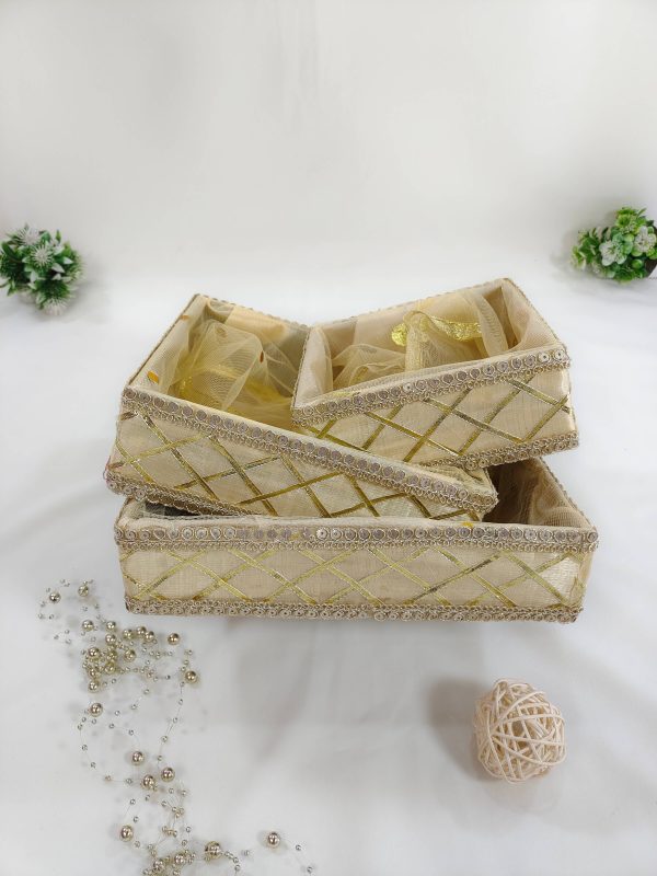 Handcrafted Golden Shagun Tray with Intricate Lace, Perfect for Wedding Gifts and Favors golden shagun tray is a memorable keepsake for any special occasion.