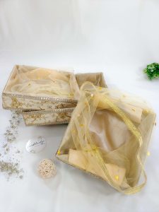 Golden Decorative Tray with Intricate Lace Detailing for Sangeet Ceremony and Bridal Shower Favors