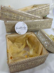 Beautiful handcrafted shagun tray made from high-quality MDF with net detailing, ideal for sangeet, mehendi, shagun, and engagement return gifts