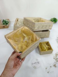 handcrafted shagun tray made from premium MDF and decorated with net, perfect for sangeet, mehendi, shagun, and engagement return gifts. Suitable for guest