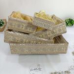 Handcrafted shagun tray featuring high-quality MDF and intricate net design, suitable for sangeet, mehendi, and engagement return gifts. Ideal for guest giveaways, baby showers