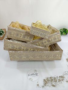 Handcrafted shagun tray featuring high-quality MDF and intricate net design, suitable for sangeet, mehendi, and engagement return gifts. Ideal for guest giveaways, baby showers