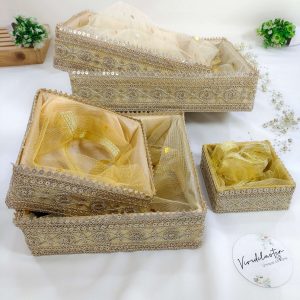 handcrafted shagun tray made from high-quality MDF and adorned with delicate net, perfect for sangeet, mehendi, and engagement return gifts